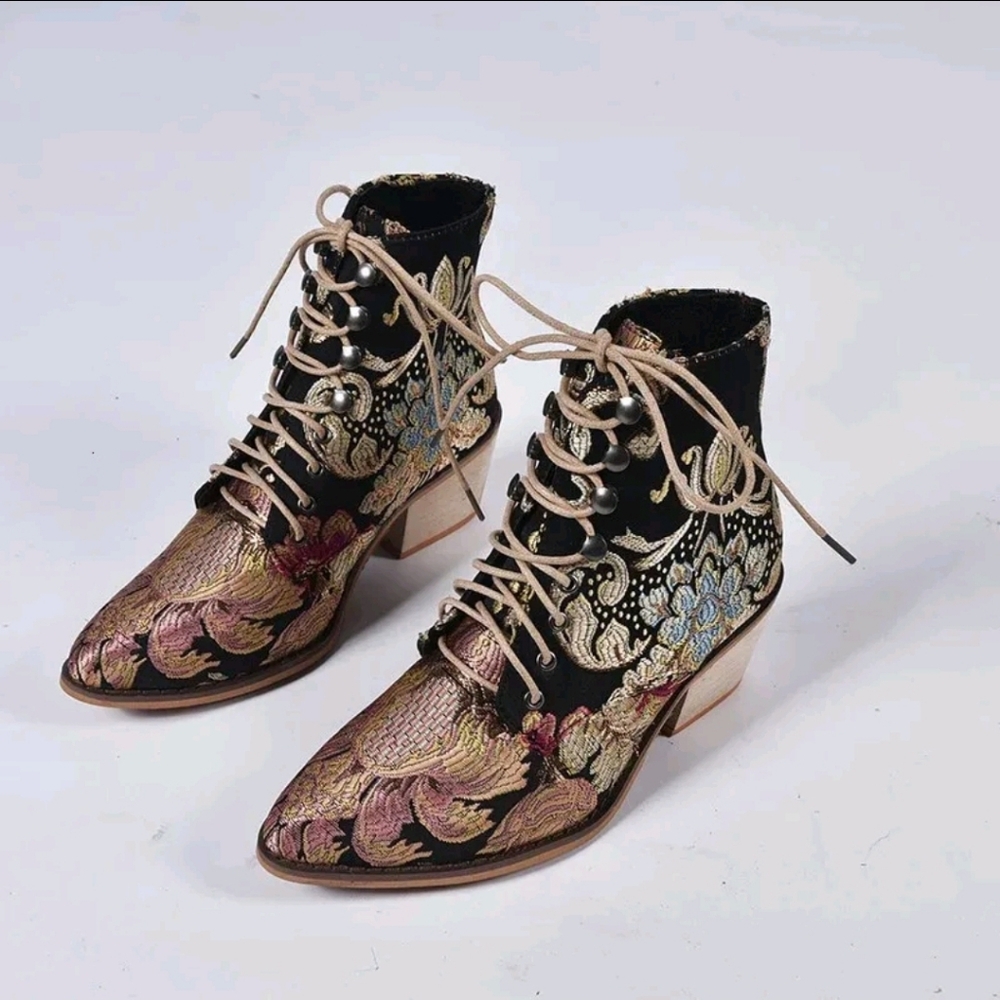 Flora Tapesrtyl Lace-Up Ankle Boots - Black and Multicolor - Picture 5 of 12